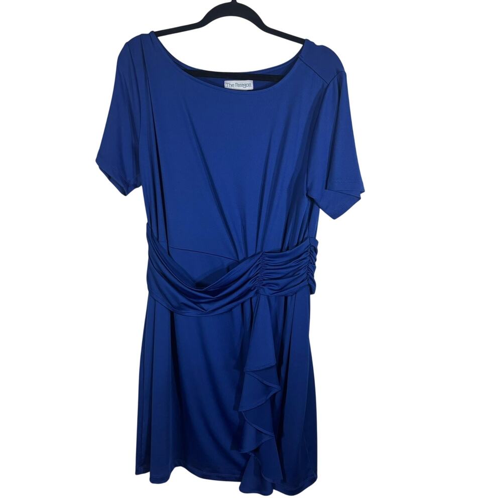 The Paragon Womens 1X Royal Blue Ruched Ruffle Cascade Stretch Dress Plus Size